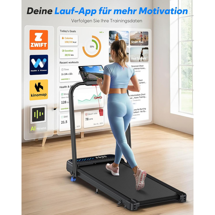 Тренажер для дому 2-в-1 Laufband Klappbar зі складним механізмом, нахилом, LED-дисплеєм, потужністю 3.0PS, для дому та офісу, до 145 кг, без встановлення, чорний