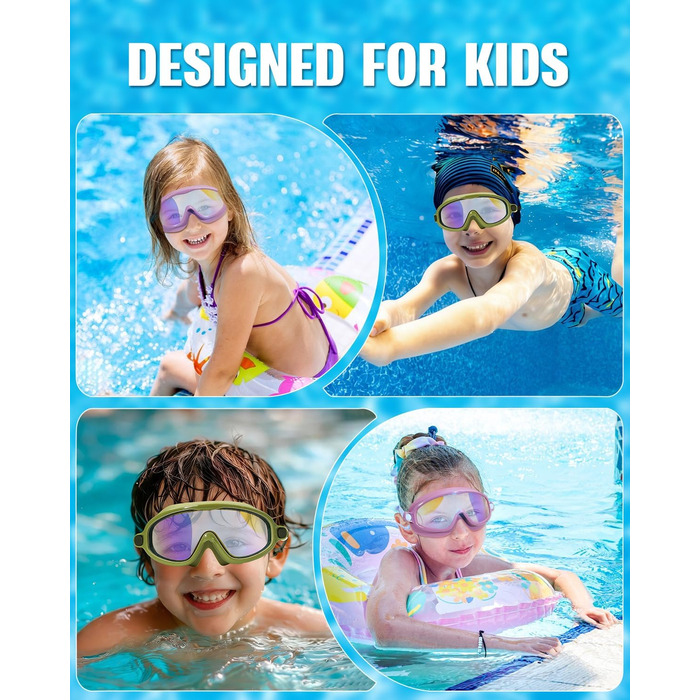 Дитячі окуляри для плавання Bluesmile (2 шт.), широкий огляд, антизапар, захист від УФ, для хлопчиків та дівчаток 3-14 років, зелено-фіолетові, малі