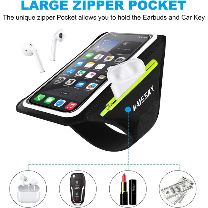 Спортивний браслет на руку для бігу з відділенням для телефону та ключей, чорний. Сумісний з iPhone 17/16/15/14/13/12/11 Pro Max/Plus. Оновлена модель, до 6.9 дюймів.