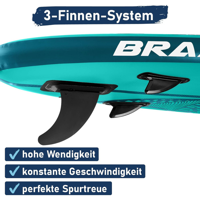 SUP дошка BRAST Shark надувна, 320x81x15 см, комплект з аксесуарами (каяк-сидіння, камера, помпа, рюкзак) - 5 років гарантії, колір: бірюзовий