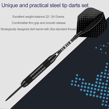 Дарти DARTSPACE 12 шт. металеві, 22/24 г, сталеві дротики з алюмінієвим стеблом, чорно-блакитно-фіолетові, з пір'ями та аксесуарами
