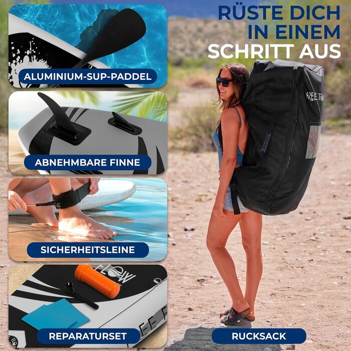 Надувний SUP СерeneLife Stand Up Paddling Board: комплект з веслом, насосом та сумкою. Touring SUP для дітей та дорослих, чорно-сірий, 155 кг.