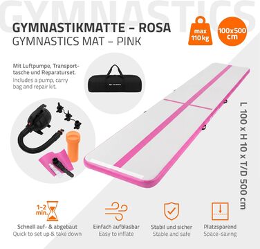 Гімнастичний мат Airtrack ECD Germany для тумблінгу та фітнесу, надувний повітряний тренажер (500 x 100 x 10 см), рожевий, з електричним насосом та сумкою