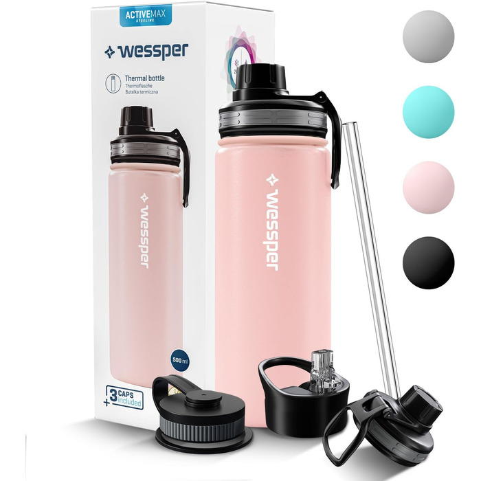 Термобутилка Wessper 500 мл з нержавіючої сталі, герметична, BPA-Free, 3 кришки, рожева, для спорту, дітей і дорослих, кемпінгу, велосипеда, outdoor