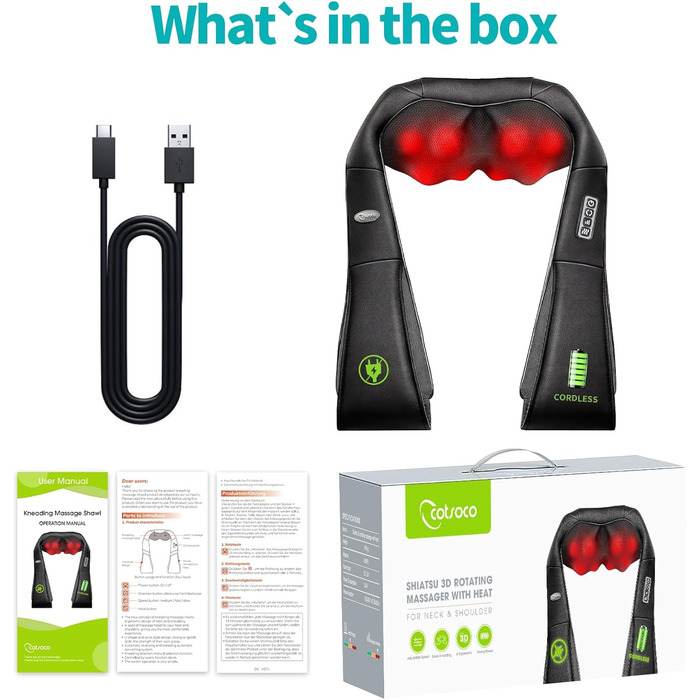 Масажер для шиї та спини Cotsoco, бездротовий, з підігрівом, 3D масаж, для жінок та чоловіків