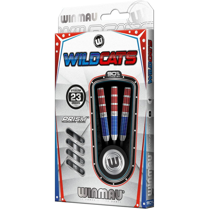 Дротики WINMAU Wildcats 90% вольфрам, з оперенням і стрижнями, призматична технологія, матчова вага