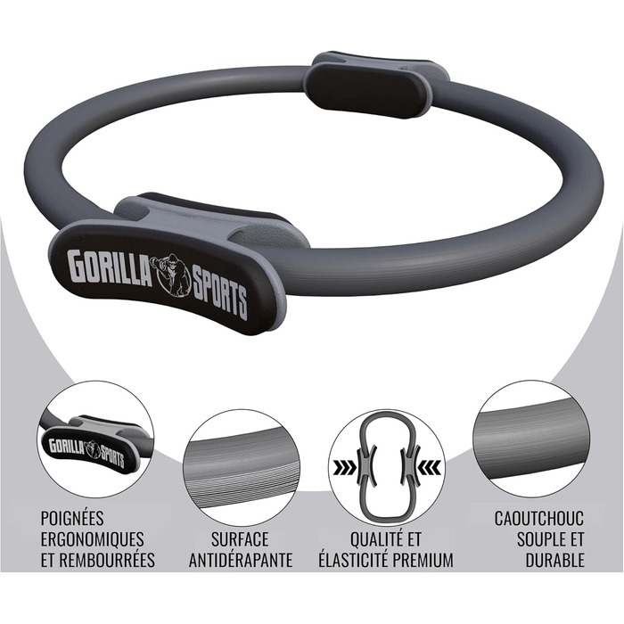 Пілатес кільце GORILLA SPORTS 36 см з подвійною ручкою, сіре, для йоги та фітнесу, з сумкою, антиковзке, легке, гумове, тренажер для стегон
