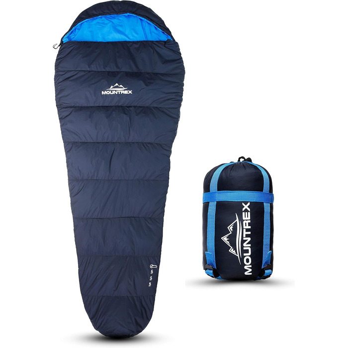 Сплячий мішок MOUNTREX® - ультралегкий, компактний (760г/1500г) - для кемпінгу, подорожей, фестивалів. 3-4 сезони, Mumienschlafsack, 1500г (RV Links). Темно-синій/синій.