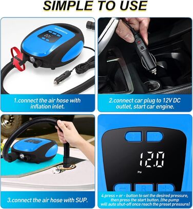 Електричний насос для SUP-дошки: портативний, 20PSI, з автовимкненням та дефляцією, 12V DC, для SUP, каяків та човнів (блакитний)