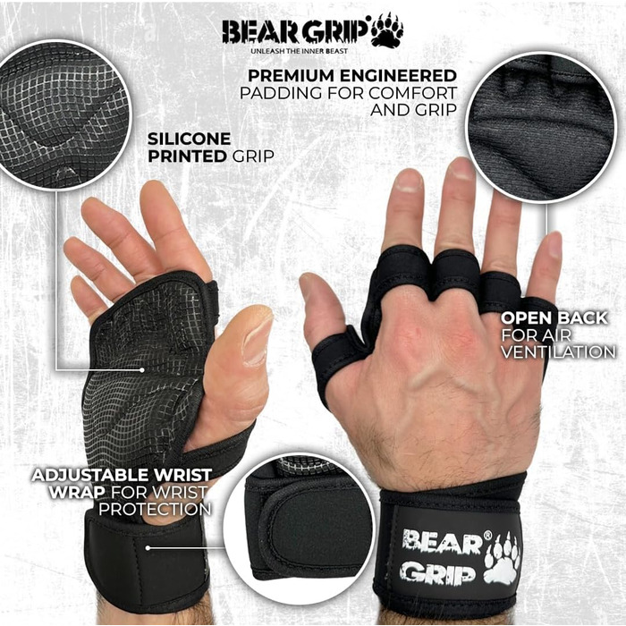 Рукавички для тренувань Bear Grip з посиленим захистом долонь (Чорні, XS) - Кросфіт, бодібілдинг, пауерліфтинг