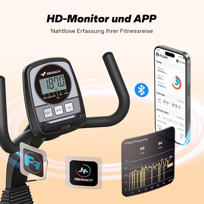 Велотренажер MERACH Liegeergometer для дому з 8 рівнями регулювання опору, легкий, з Bluetooth, LCD-дисплеєм та датчиками серцевого ритму, чорний