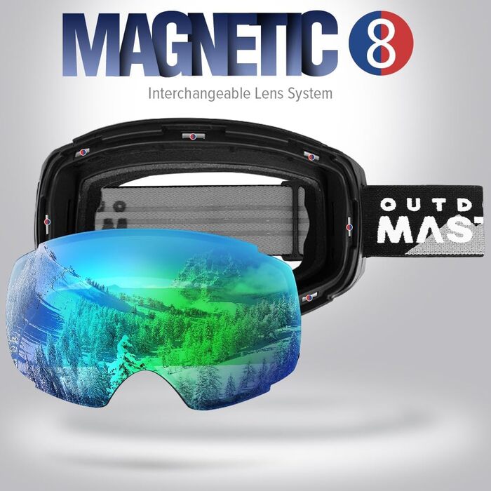 OutdoorMaster PRO: Скі-маска унісекс з змінними лінзами для жінок та чоловіків. Захист від сонця 100% UV, антитуманна, для носіння з окулярами. Підходить для сноуборду та лиж. Чорний каркас з лінзою Revogreen VLT18%