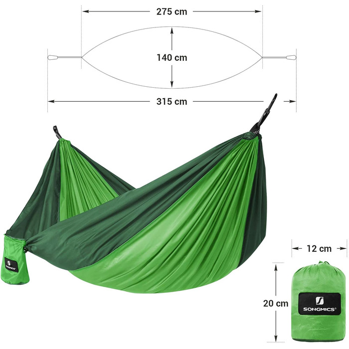 Гамак SONGMICS ultraleicht для 2 осіб, Ripstop-Nylon, 300 кг, для подорожей, кемпінгу, хайкінгу, зелений (275 x 140 см)