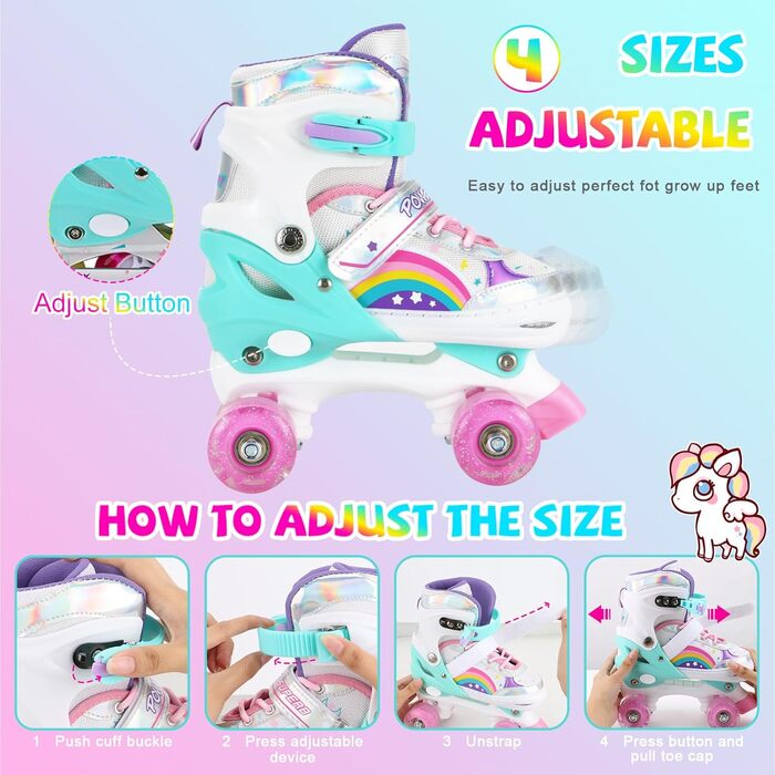Дитячі ролики Kinder Quad Skates для дівчаток та хлопчиків, регульовані, райдужні з підсвічуванням, для дому та вулиці