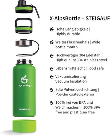 Гідрофляга hydro2go X-AlpsBottle 1 л, нержавіюча сталь, термос, вакуумна ізоляція, 3 кришки, для спорту та туризму, лаймова