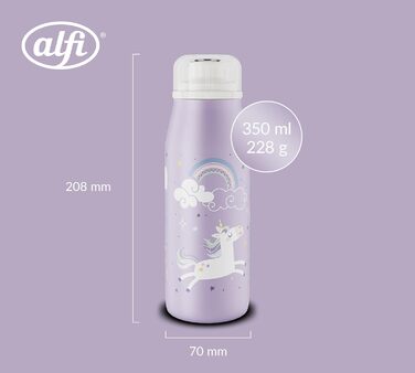 Дитяча термос-пляшка alfi KIDS ISO 350 мл, ліловий Єдиноріг, нержавіюча сталь, герметична, зберігає тепло 12 годин, холод 24 години, для газованих напоїв, BPA-free