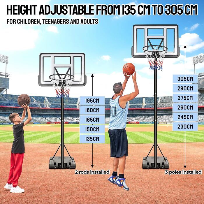 Баскетбольний кошик вуличний з регульованою висотою 230-305 см, стійка з задньою панеллю 110x70 см для подвір'я, саду, гаража - білий