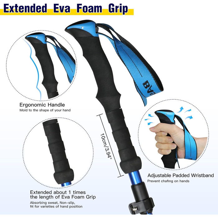 Трекінгові палиці HUGSEE - розкладні телескопічні палиці для Nordic Walking, легкі палиці для піших прогулянок 110-135см (2 шт.) блакитні