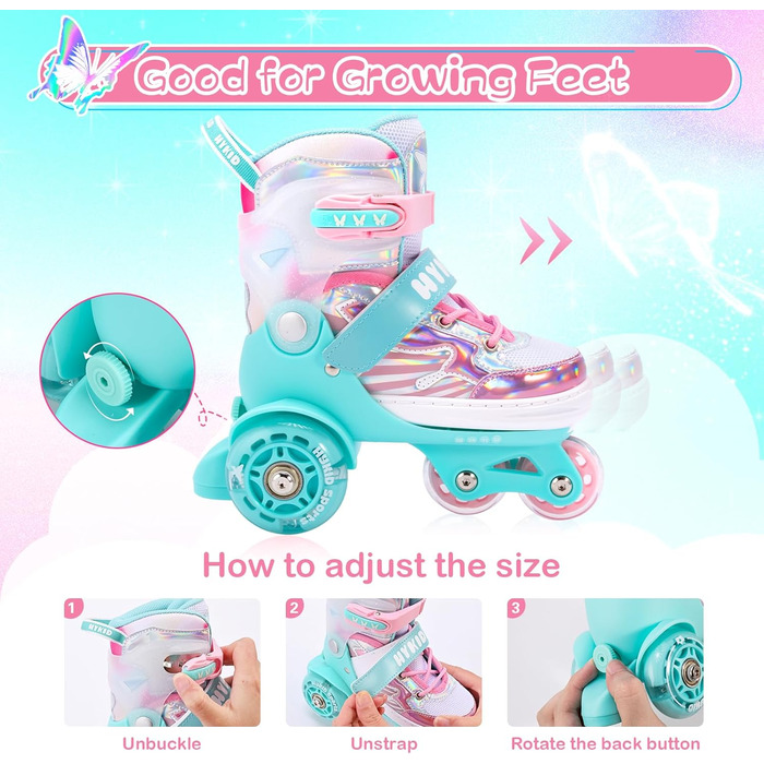 Дитячі ролики для дівчаток, 4 розміри, регульовані, безпечні, з дихаючим верхом, для початківців (XS: 25-27.5 EU)