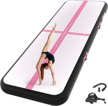 Надувна гімнастична мат для тренувань з насосом, 10.2-15.2 см товщина, для челідингу/йоги/паркуру/пляжу/парку/води (чорний/рожевий, 3м*1м*0.1м)
