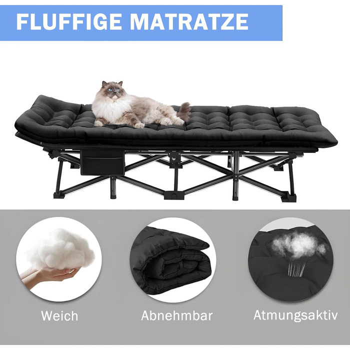 Розкладне ліжко для кемпінгу Newfulam XXL/XL, до 400 кг, з матрацом, чорне