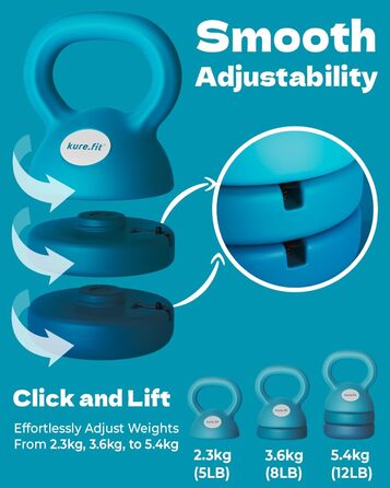 Регульований гиря Kure.fit | 2.3 - 5.4 кг | Набір гирь для домашнього фітнесу | Тренування всього тіла, силові вправи, схуднення | Гумовий еластичний пояс для сідниць | Для початківців та жінок | Колір: Блакитно-зелений (Сліди Раю)