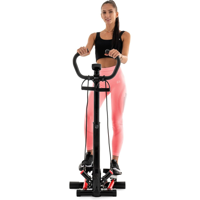 Степпер Hop-Sport HS-055S з поручнем, тренувальні еспандери, регульована висота, комп'ютер, чорний-червоний
