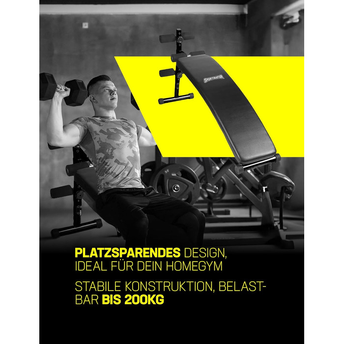 SPORTINATOR® Регульована лава для преса з екошкіри, 3 тримачі, 2 еспандери, для силових вправ у домашньому спортзалі, чорна