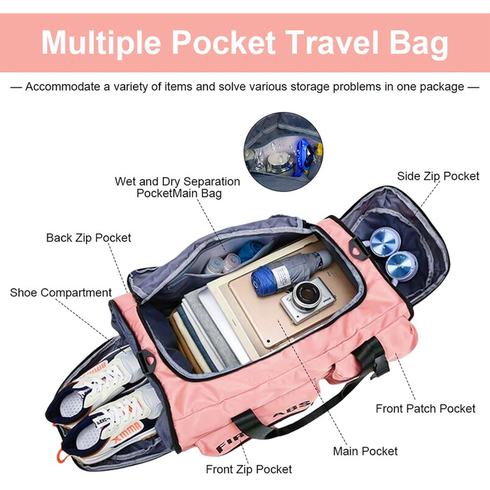 Спортивна сумка Flintronic 65L для тренувань та подорожей з відділенням для взуття та мокрих речей, функція рюкзака, рожева