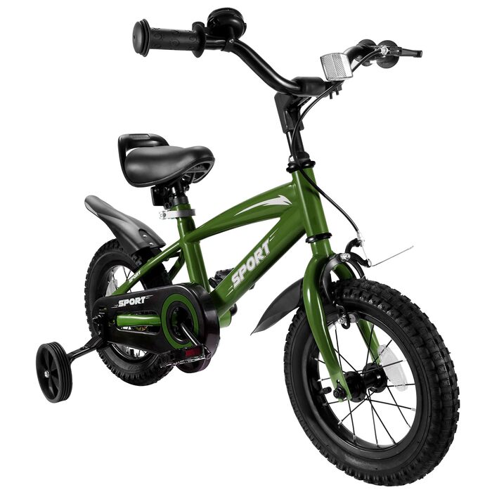 Дитячий велосипед BODIOO 12 дюймів, з регульованим сидінням, двома гальмами, підставкою, відбивачем та бризговиком, 84-97 см (Зелений)