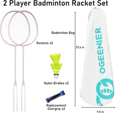 Набір для бадмінтону OGEENIER: 2 ракетки, обмотка, 2 волани, 1 ракетка з сумкою (білий, рожевий, 3 1/4 дюйма)