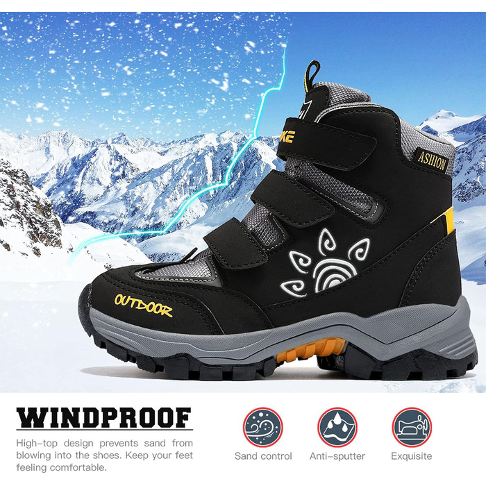 Дитячі зимові черевики ASHION: утеплені, для хайкінгу та трекінгу, розмір 38 EU, чорно-жовті