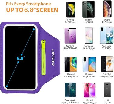 Спортивний браслет на руку для бігу з навушниками та кишенькою для ключів, фіксатором для телефону, з відділенням для карт - сумісний з iPhone 17/16/15/14/13/12/11 Pro Max/Plus, фіолетовий (до 6.9 дюймів)