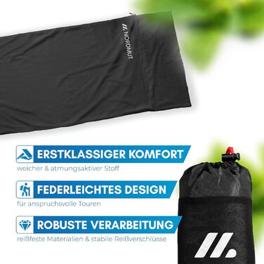 Спальний мішок NORDMUT® для подорожей: ультралегкий, з мікрофібри або бавовни, дихаючий, з кишенькою для подушки, сірий, поліестер