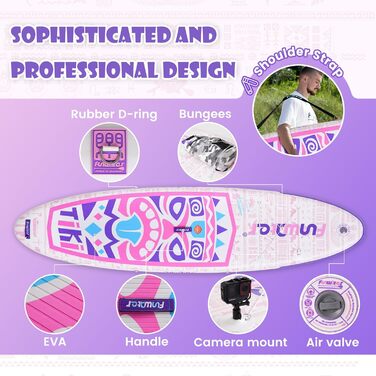Надувний SUP Борд FunWater 10'6'-11'6' – для початківців та сімей, з антиковзким EVA-деком, веслом, насосом та аксесуарами (10'6-TIKI-Pink/Violett/Weiß)