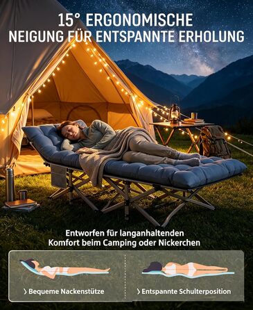 Ліжко туристичне розкладне Feldbett 7-зонне XXL 250 кг, 1200D Oxford, кут нахилу 15°, сіре – для кемпінгу, саду, палатки