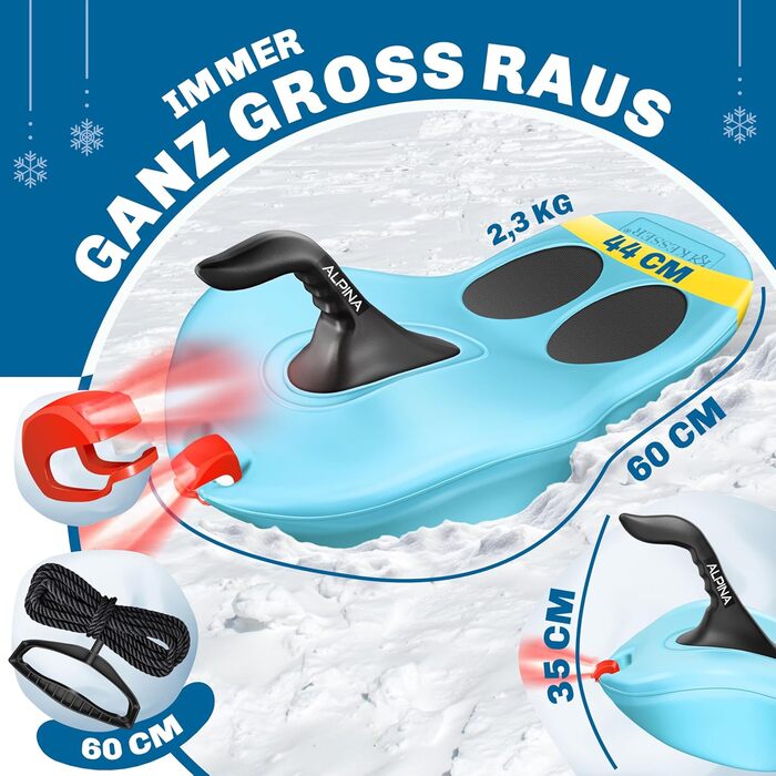 Кесер® Бобслей Alpina з LED-підсвічуванням, мотузкою, для дітей та дорослих, пластиковий санний, зимовий спорт