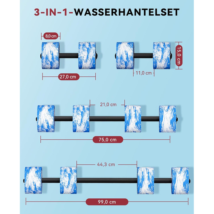 Набір аквагантелів HAPBEAR 3-в-1 з'єднувальною штангою (2 шт.) – для аквафітнесу, реабілітації та плавання, блакитний
