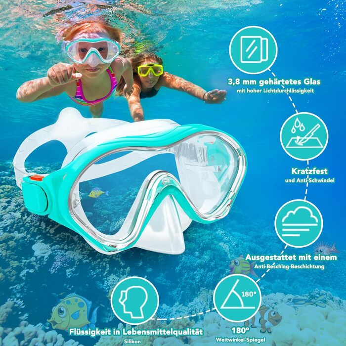 Набір для снорклінгу для дітей з ластами, маска з панорамним оглядом 180°, регульовані ласти, високоякісна маска та сухий снорк (трубка) для плавання, Aquagrün