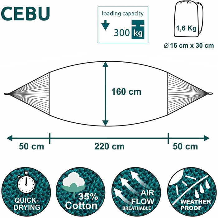 Гамак yourGEAR Cebu XXL 220x160 см, бавовна, 2 особи, до 300 кг, смарагдовий/блакитний, з сумкою