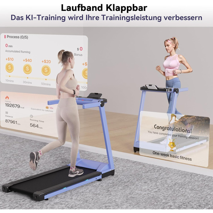 Біговий доріжка DeerRun Raceable з підтримкою High-Tech пристроїв, для дому, вантажопідйомність 158 кг, керування через APP, 2573W, складаний, з тренувальними курсами та мульти-режим, синьо-чорний