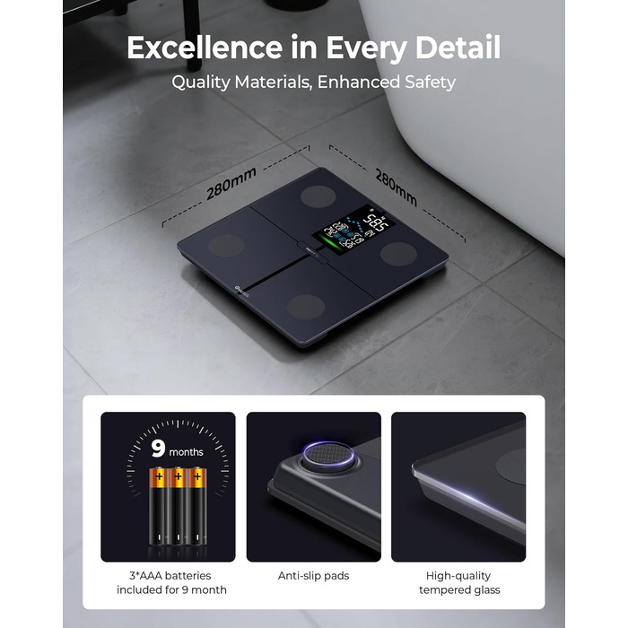 Ваги Ovutek для людей, цифрові ваги з аналізом складу тіла, 180 кг, дисплей, BMI, жир, м'язи, вода, 14 показників, фітнес-додаток, чорний