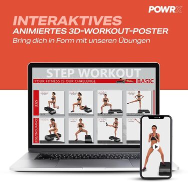 Степ-платформа POWRX для аеробіки та фітнесу, 3 рівні, біла, регульована висота, антиковзаюча | Степ-бенч для дому