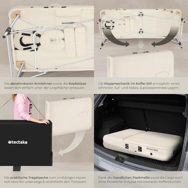 Масажний стіл Tectake® 3 зони, складаний, з регулюванням висоти, алюмінієвий, з аксесуарами (підголовник, підлокітники, сумка) - бежевий