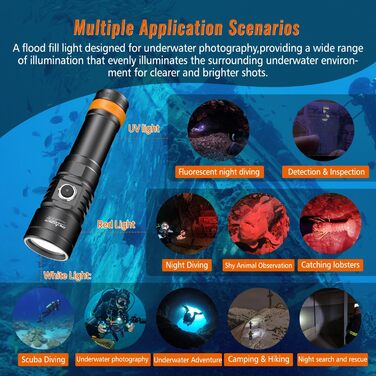 Ліхтар підводний ORCATORCH D710V MK2 з 2300 люменів, білий+UV+червоний світлодіодний, IP68 водонепроникний, 150м, для відеозйомки, дайвінгу, кемпінгу