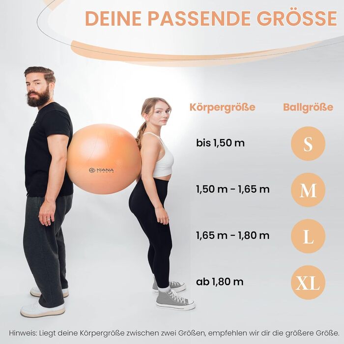 Гімнастичний м'яч для фітнесу та офісу - 4 розміри, німецька розробка, з поштовховою поверхнею, міцний, з насосом та планом тренувань, розмір M (до 165 см)