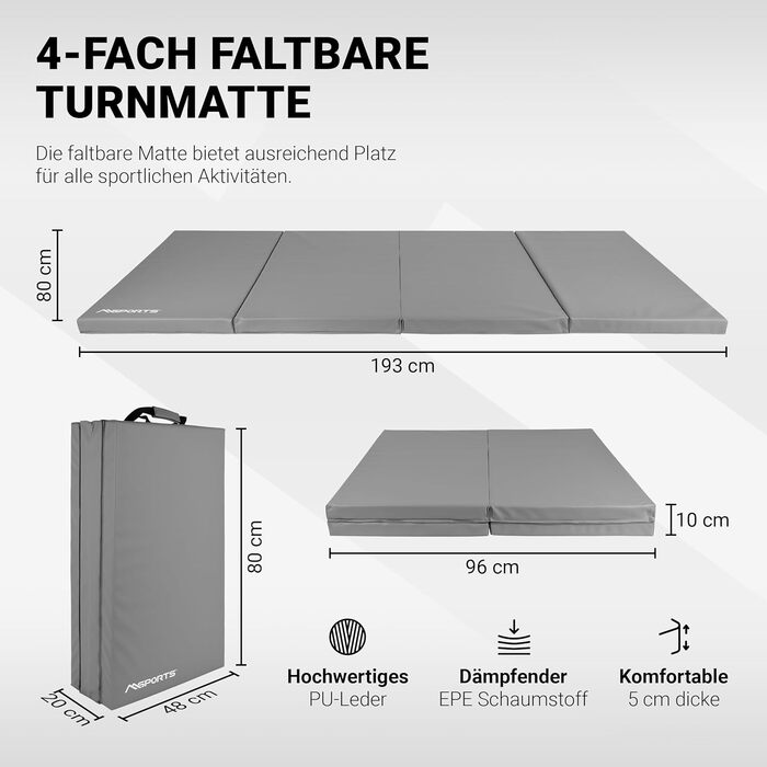 М'який килимок для гімнастики MSPORTS Premium 190x80x5 см, складаний, сірий - спортивний мат для дому та дітей