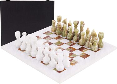 Шаховий набір з мармуру для дорослих, ручної роботи Verona & Green Onyx: ігровий набір з 32 фігурами, 2 додаткові королеви, коробка для зберігання