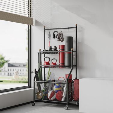 Стенд для зберігання тренувального обладнання: килимки для йоги, гантелі, штанги. З колесами та гаками. Чорний.