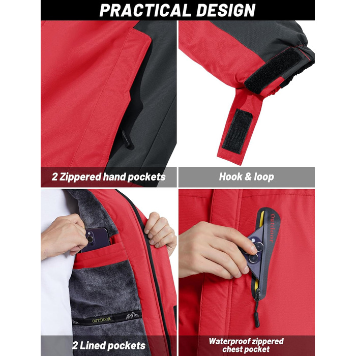 TACVASEN чоловіча тепла зимова куртка з капюшоном, водонепроникна, червона